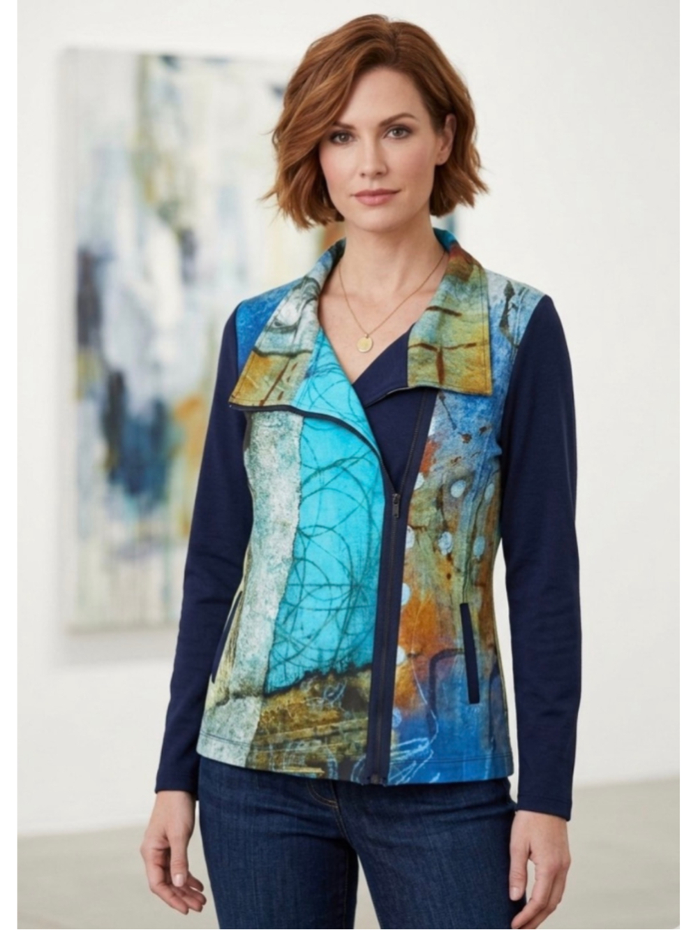 Simply Art by Dolcezza Abstract Woman’s Art Asymmetrical Zip cardigan Sz M 2032